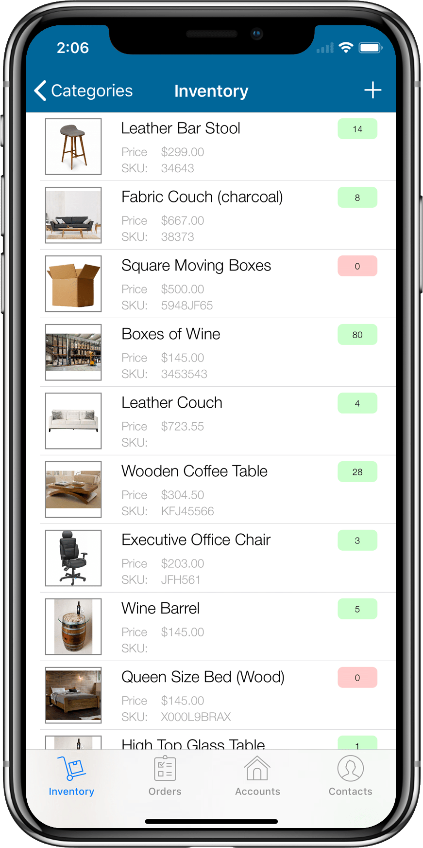 SalesBinder inventory list in the current iOS app